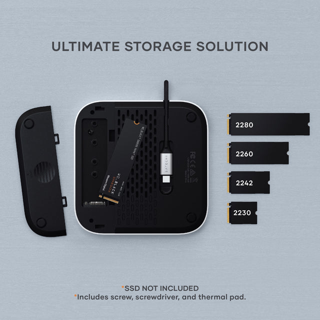 The underside of the Mac Mini M4 Stand & Hub with SSD Enclosure, showcasing the cable amd SSD NVMe enclosure, and the compatible sizes: 2280, 2260, 2242, and 2230. Text: Ultimate Storage Solution. * SSD not included, includes screw screw driver,and thermal pad. 