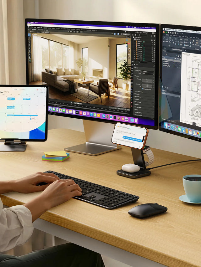 Slim CEX3 Wireless Combo shown in use with a person typing on the Slim EX3 wireless keyboard and using the Slim EX wireless mouse at a modern multi‑device workstation.