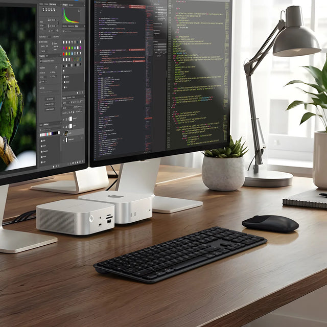 Slim CEX3 Wireless Combo shown with the Slim EX1 wireless keyboard and Slim EX wireless mouse at a desktop workstation with 2 large monitors, Mac mini M4, and Satechi Mac Mini M4 Stand & Hub with SSD Enclosure.