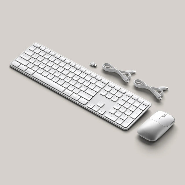 Satechi Slim CEX3 Wireless Combo contents including Slim EX3 wireless keyboard, Slim EX wireless mouse, USB dongle receiver, and two charging cables.