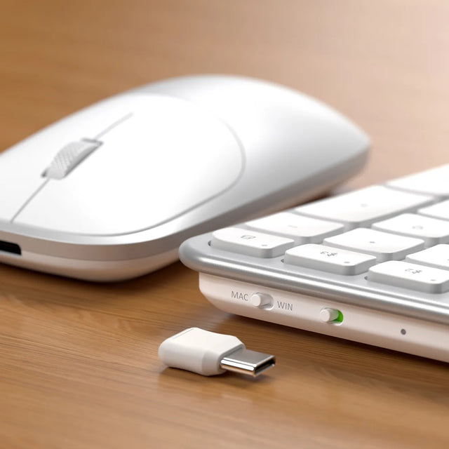 Slim CEX3 Wireless Combo, featuring the Slim EX3 low‑profile wireless keyboard, Slim EX wireless mouse, and single USB-C dongle connecting  keyboard and mouse.