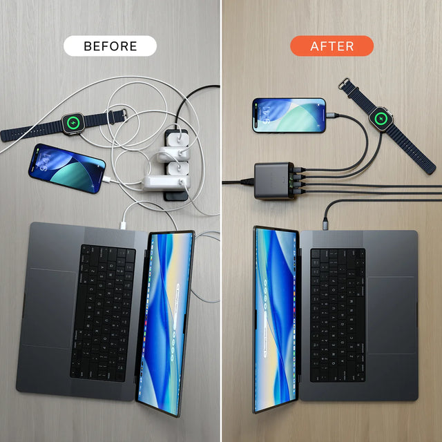 Split image showing a before‑and‑after comparison of desk charging using the Satechi ChargeView™ 140W Desktop Charger. The left side is labeled ‘BEFORE’ and shows tangled cables, multiple power adapters, and devices spread across a desk. The right side is labeled ‘AFTER’ and shows the Satechi ChargeView™ 140W Desktop Charger with organized USB‑C cables powering a MacBook, iPhone, and Apple Watch in a clean, streamlined layout.