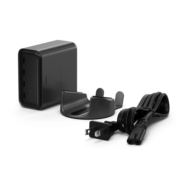 Satechi ChargeView™ 140W Desktop Charger components displayed on a white background, including the charger with four USB‑C ports, a matching charging stand, and a black power cable.