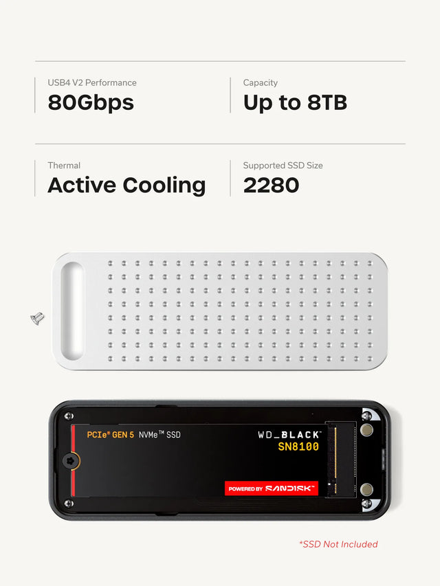 Satechi DotDisk 80Gbps NVMe SSD enclosure specifications: USB4 V2 Performance 80Gbps. Capacity Up to 8TB. Thermal Active Cooling. Supported SSD Size 2280. Silver perforated aluminum top cover shown beside the black enclosure interior with a WD_BLACK SN8100 PCIe GEN 5 NVMe SSD Powered by SanDisk installed inside. *SSD Not Included.