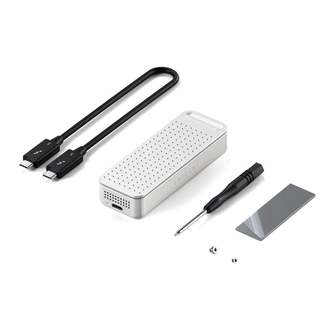 What's in the box for the Satechi DotDisk 80Gbps NVMe SSD enclosure: silver M.2 2280 aluminum enclosure with Satechi logo, black Thunderbolt 5 cable, mini  screwdriver, two mounting screws, and a thermal pad.