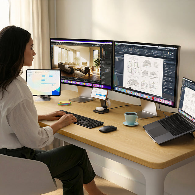Person typing on Slim EX3 Wireless Keyboard, connected wirelessly to an iPad, MacBook, iPhone, and 2 external monitors.
