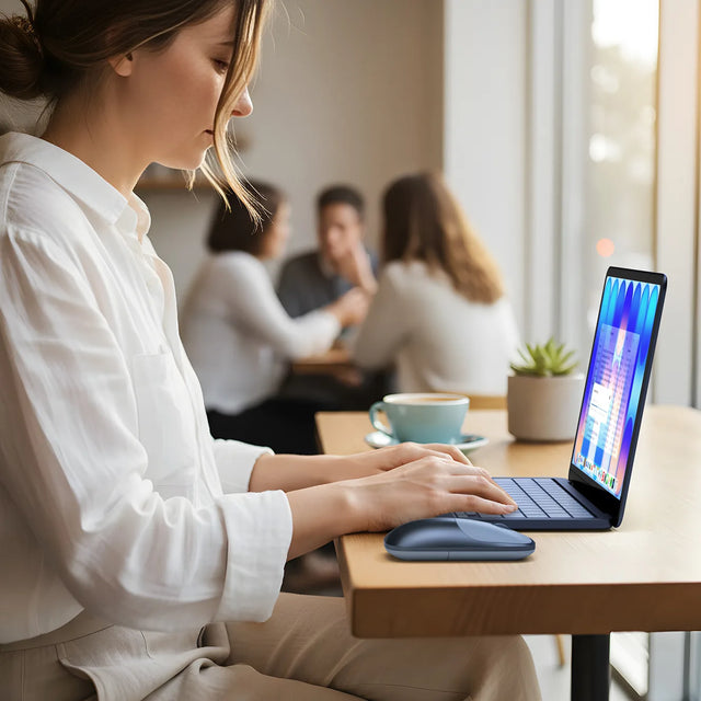 Woman in a white button-down shirt working on an Indigo MacBook Neo at a wood café table, using the Satechi Slim EX Wireless Mouse in Indigo beside it, with a coffee cup, a small succulent, and softly blurred people seated by a sunlit window in the background. Lifestyle shot of the slim Bluetooth mouse used on the go.