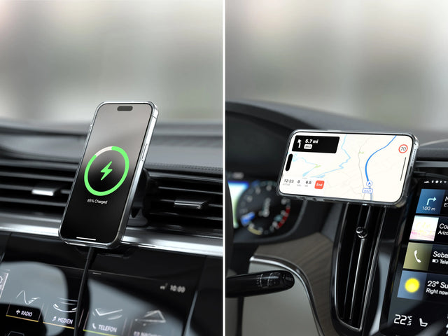 Satechi Qi2 Wireless Car Charger mounted in a modern car interior, holding an iPhone for navigation above the vehicle’s dashboard displays. The iPhone can be displayed in portrait or landscape mode.