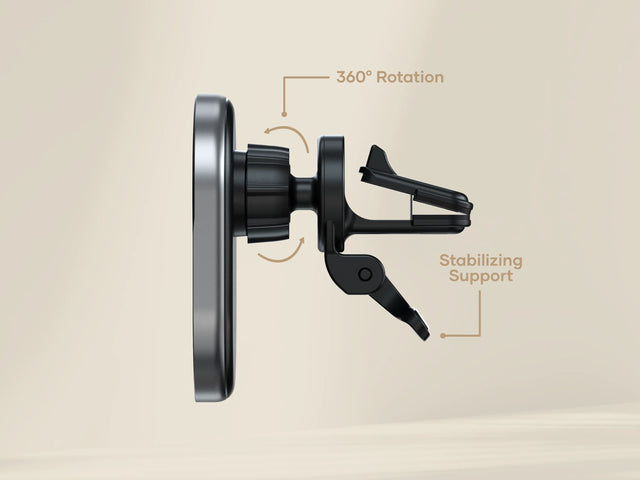 Side view of the Satechi Qi2 Wireless Car Charger showing its 360‑degree rotation mechanism and stabilizing support for secure vent mounting.