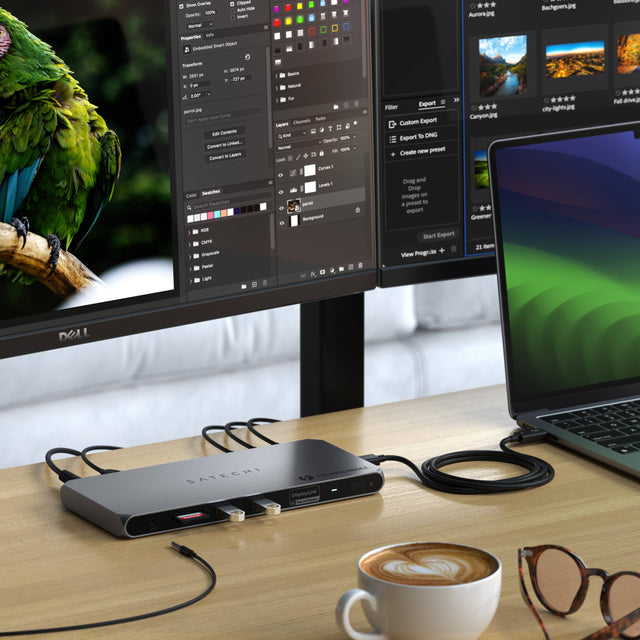 Satechi Thunderbolt 4 Docking Station with DisplayLink with SD reader and DisplayLink powering MacBook photo editing on dual external monitors. 