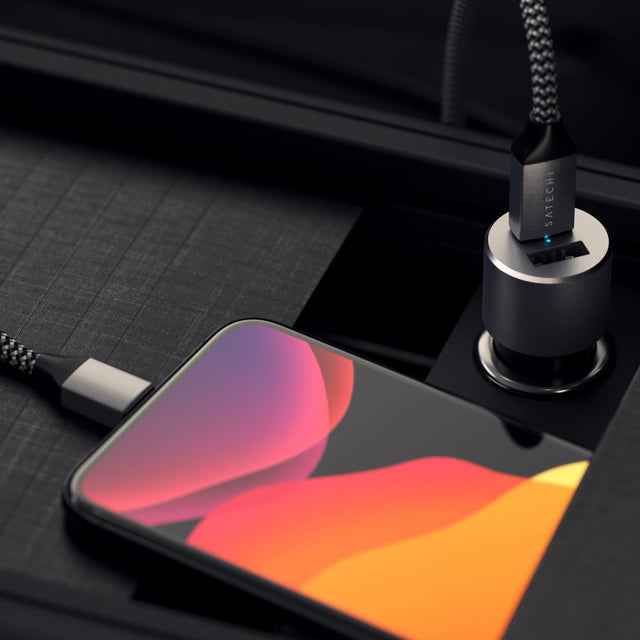 Satechi 72W Type-C PD Car Charger Adapter charging an iPhone. 