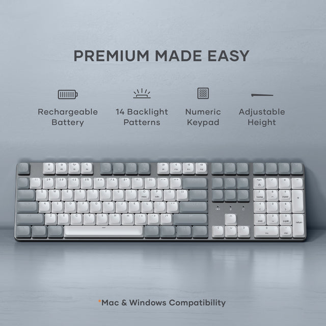 SM3 Slim Mechanical Backlit Bluetooth Keyboard. Text: Premium Made Easy ; rechargeable battery, 14 backlight patterns, numeric keypad, adjustable height. * Mac and Windows Compatibility