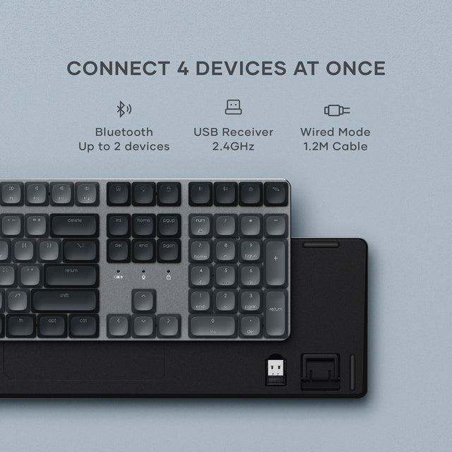 SM3 Slim Mechanical Backlit Bluetooth Keyboard, Text: Connect 4 devices at once, bluetooth up to 2 devices, USB reciever 2.4 GHz, wired mode 1.2M cable.