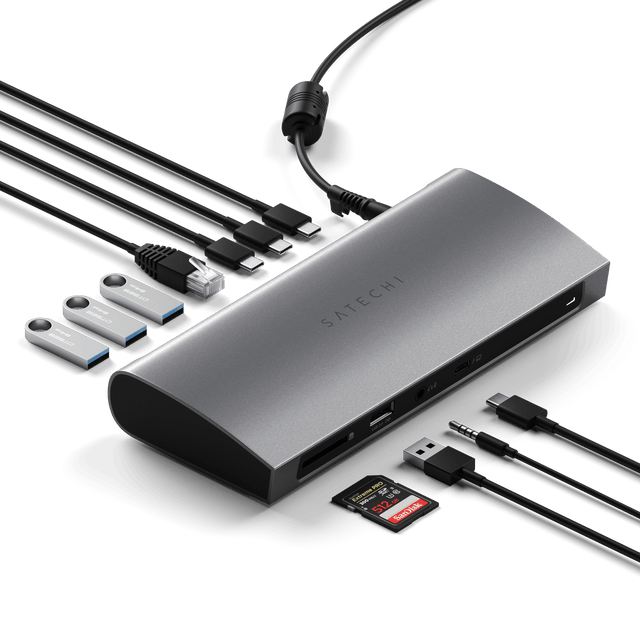 The Satechi Thunderbolt 4 Dock
with 3 x USB-A 3.2 data ports, UHS-II SD card reader, 3.5 mm audio jack port, Gigabit Ethernet, 3 x Thunderbolt 4 ports, and a DC input port. 