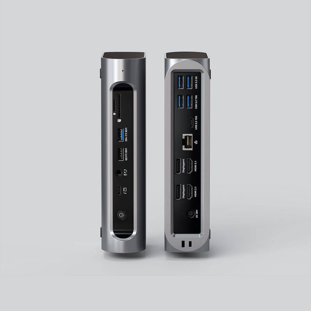Two Thunderbolt 4 Multimedia Pro Docks turned sideway to show close up of 2x DisplayPort 1.4, 2x HDMI 2.1, 1x Thunderbolt 4, 1x USB-C 3.2, 3x USB-A 3.2, 2x USB-A 3.2, 1x USB 2.0, SD and Micro SD card slots, 3.5mm Audio Jack In/Out, Ethernet, and Kensington LockDC/20V Port.