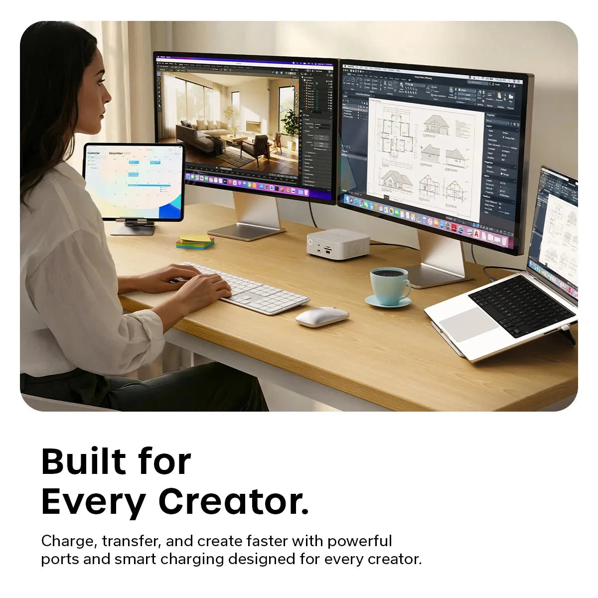 Satechi Thunderbolt 5 CubeDock™ connected to a multi‑monitor creative workstation with laptops and displays running design and productivity software. Text says: Built for Every Creator. Charge, transfer, and create faster with powerful ports and smart charging designed for every creator."