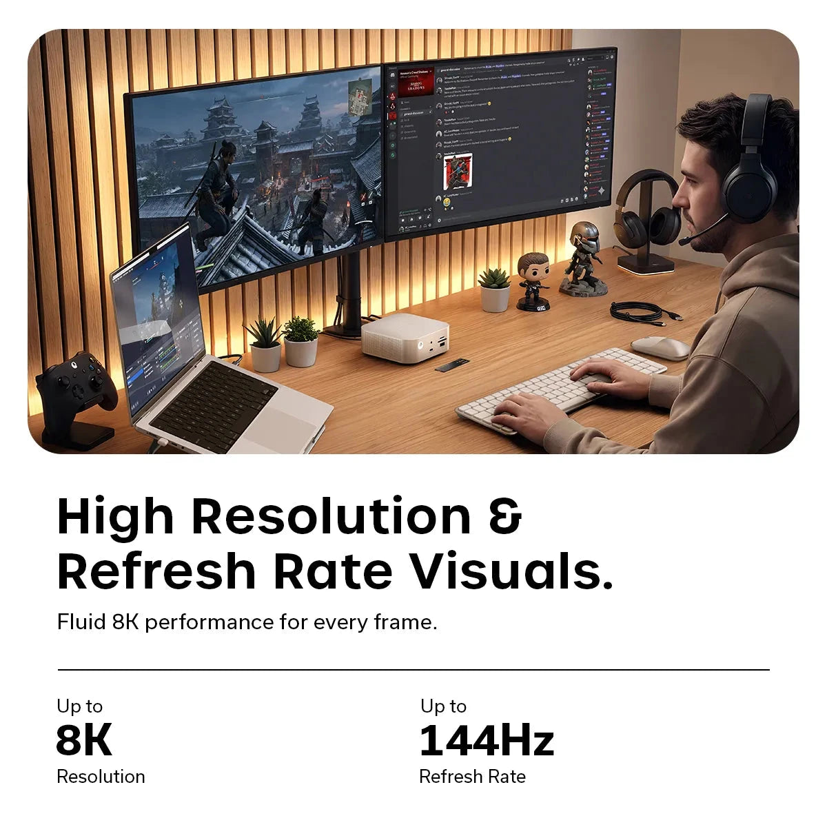 Satechi Thunderbolt 5 CubeDock™ on a workstation powering a dual‑monitor setup and laptop, showcasing high‑resolution 8K and 144Hz performance. Text says "High Resolution & Refresh Rate Visuals. Fluid 8K performance for every frame. Up to 8K Resolution Up to144Hz"