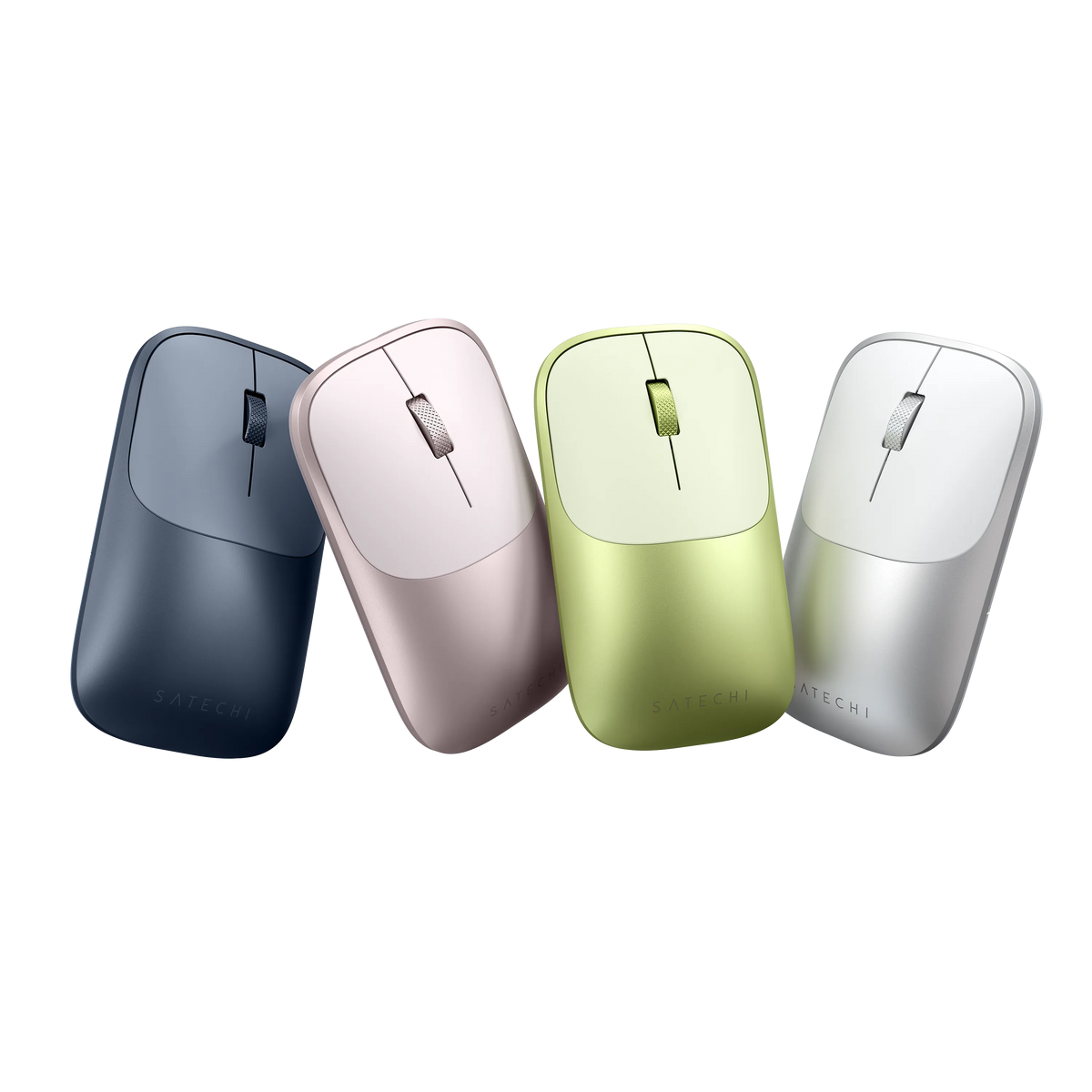 Four Satechi Slim EX Wireless Mouse units shown top-down  in Indigo, Blush, Citrus, and Silver, each with a scroll wheel and the SATECHI logo on the base. The full color lineup of the slim wireless mouse for MacBook Neo.

