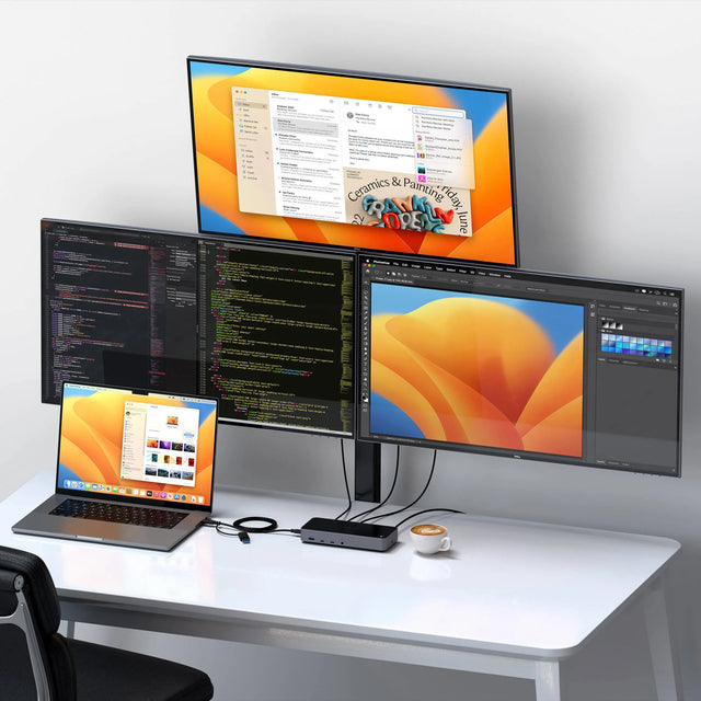 Triple 4K Display Docking Station connected to a MacBook on a clean desk, powering three external monitors displaying coding, design, and productivity apps, demonstrating multi‑screen workspace capabilities.