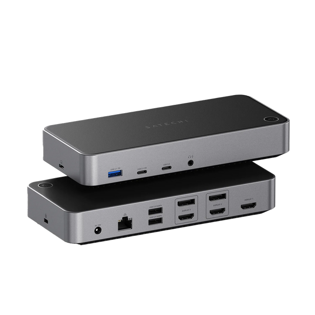 Two Triple 4K Display Docking Stations stacked on a white background, showing the available HDMI, USB-C, Ethernet, and USB-A ports. 