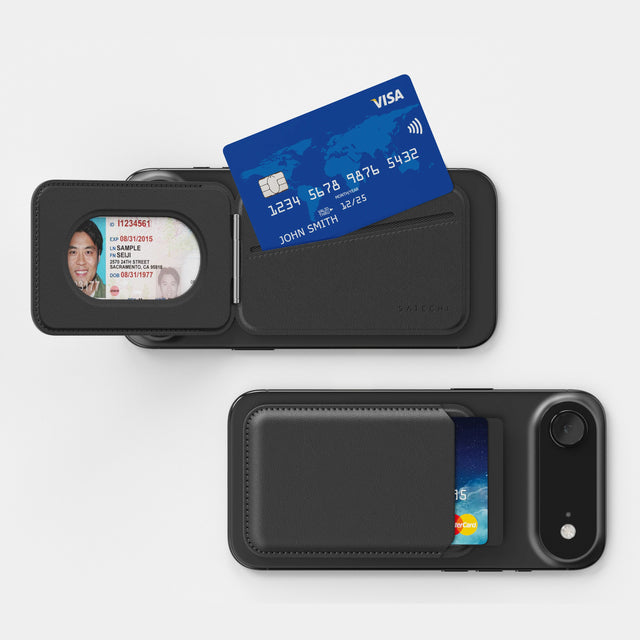 The inside and front view of the Black Vegan-Leather Magnetic Wallet Stand, illustrating the card slots compartment a with visa card, ID, on a white background.