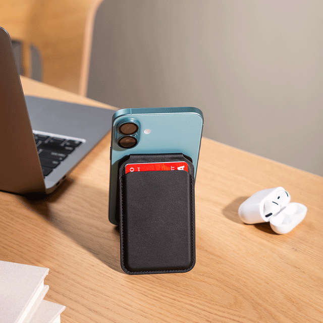 A gif of the Vegan-Leather Magnetic Wallet Stand showing the ability to support landscape and portrait view with an iPhone.