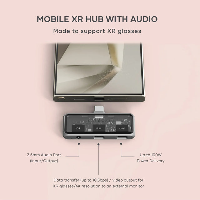 Satechi Mobile XR Hub with Audio connected to a smartphone, highlighting its 3.5mm audio port for input and output, up to 100W power delivery, and up to 10Gbps data transfer with 4K video output for XR glasses or external displays.