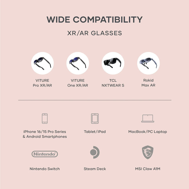 Compatibility chart for the Satechi Mobile XR Hub with Audio, featuring supported XR/AR glasses—VITURE Pro XR/AR, VITURE One XR/AR, TCL NXTWEAR S, and Rokid Max AR—and devices including iPhone 16/15 Pro and Android phones, tablets, laptops, Nintendo Switch, Steam Deck, and MSI Claw A1M.